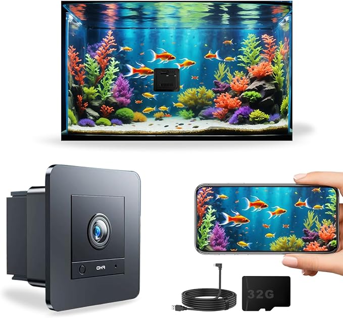 2K HD Aquarium Camera for Fish: Tanks Reptile Terrariums Camera - Anti-Glare Lens Night Vision Two-Way Audio AI Motion Detection – Aquarium Accessories with 32GB SD Card 850mAh Battery & Instructions