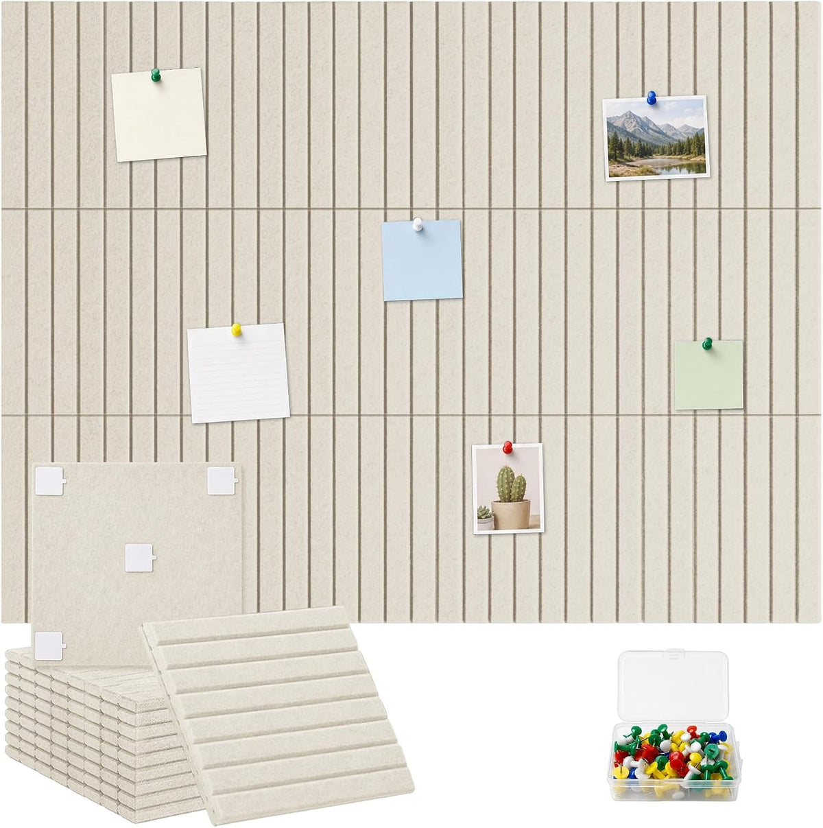 Large Felt Bulletin Board 48" x 36" Cork Board Alternative-12 Pack with 70 Safe Removable Adhesive Tabs, 35 Pushpins Notice Board for Walls Home Office Classroom Pin Board -Oatmeal