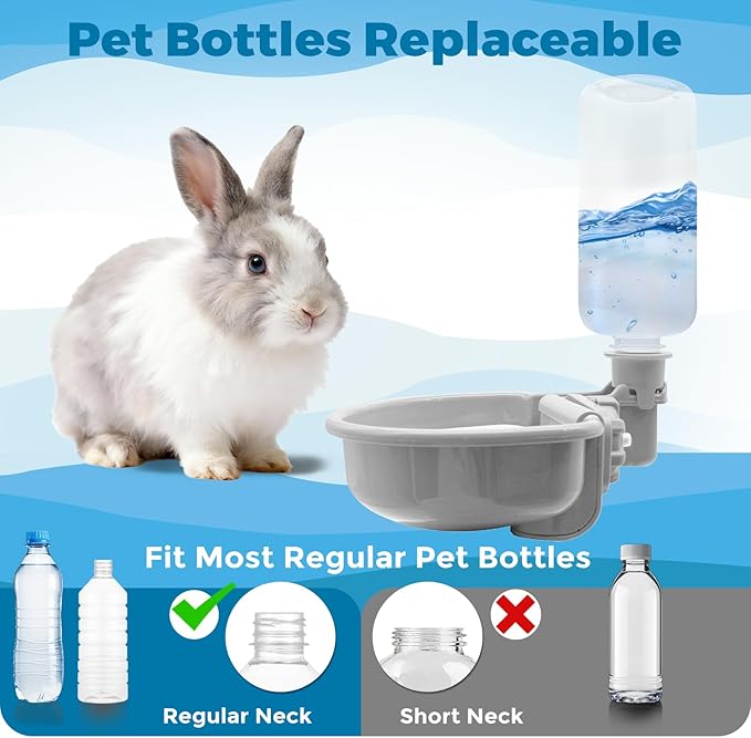 VANNON 16oz Pet Water Bottle, Gravity Dog Water Bowl Dispenser for Cage, Anti-Overflow Water Dispenser for Small Dogs, Cats, Rabbits and Other Small Animals, BPA Free, Grey