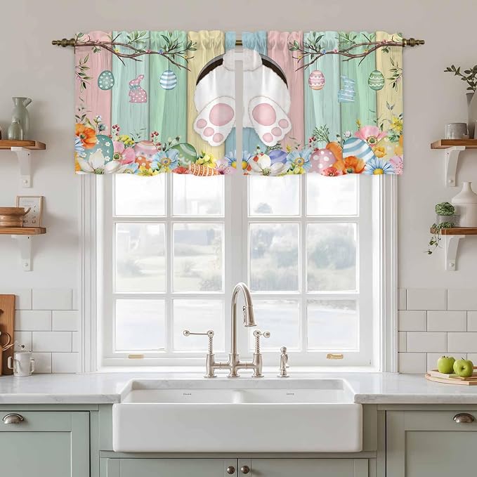 Easter Kitchen Tier Curtains 36 Inch Long 2 Panel Set, Rod Pocket Half Window