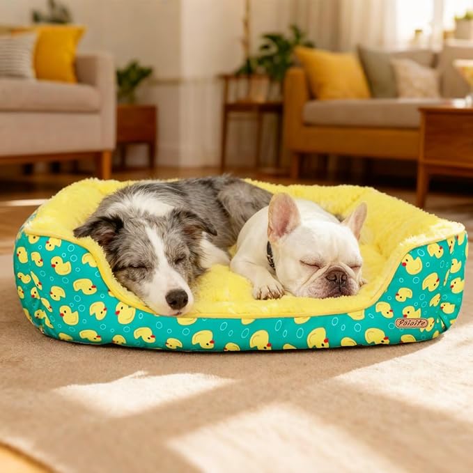 Rectangle Washable Dog Bed for Large, Medium & Small Dogs – Soft Calming Puppy Beds, Durable Warm Pet Sofa with Non-Slip Bottom for Indoor Use.Yellow M Size (33.5"x33.5"x7.1")