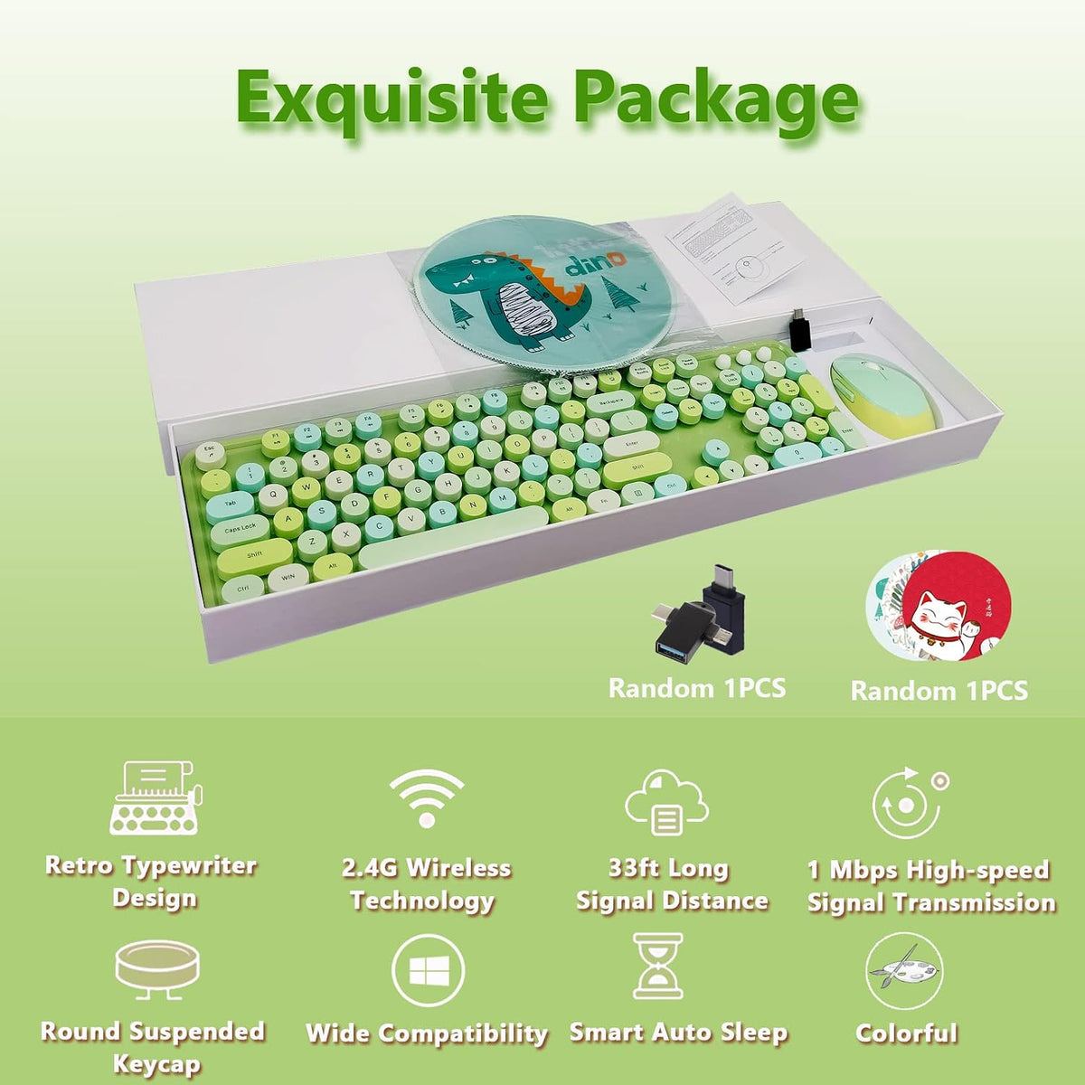 Green Retro Typewriter Wireless Keyboard and Mouse Combo for Home Office