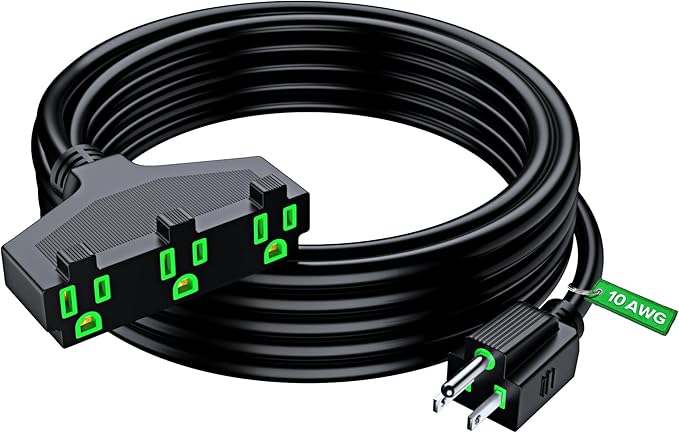 Maximm 10/3 Extension Cord 25 Feet, 10AWG Black, ETL Listed, 3 Prong Plug 3-Outlet SJTW Heavy Duty Indoor, Weather Resistant - Power Cord for Garden, Lawn, Appliances, 25ft