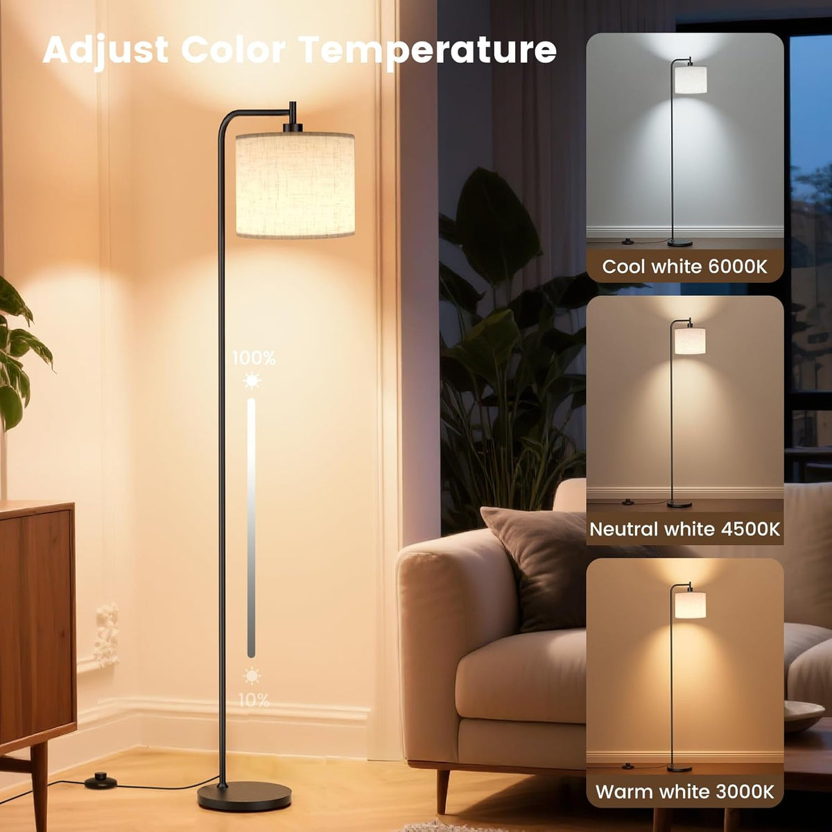 SIBRILLE Floor Lamp for Living Room, Tall Standing Lamp with Linen Shade