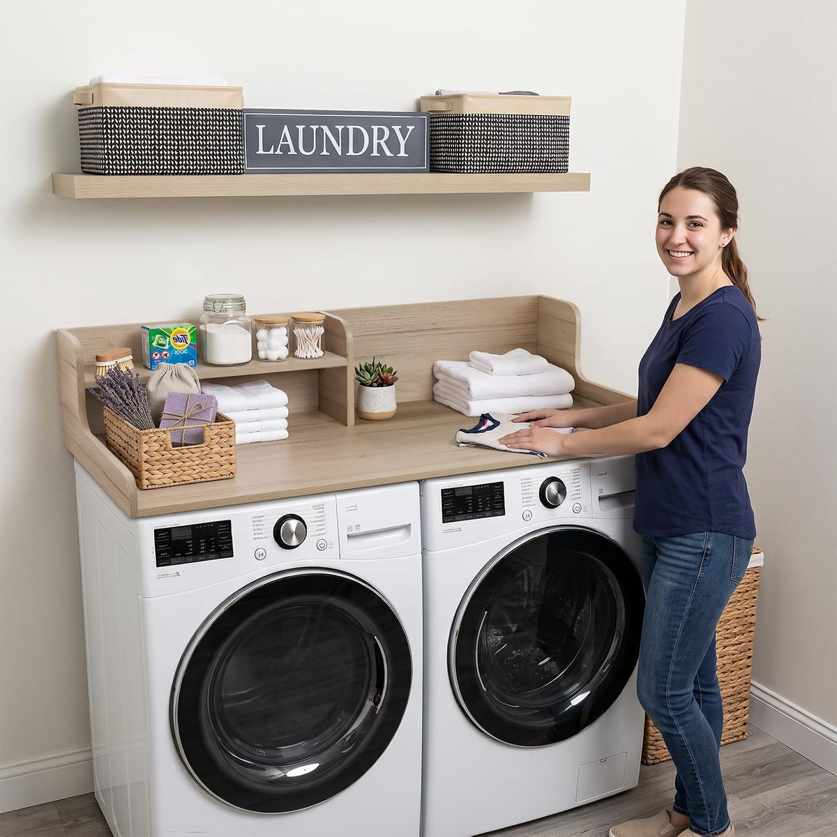 Kaboon Washer Dryer Countertop 2 Tier 54 inches Wide, Laundry Shelf Topper with Edge, 54" W x 28" D x 12" H Laundry Space Organizer, Oak(Grey Tone)