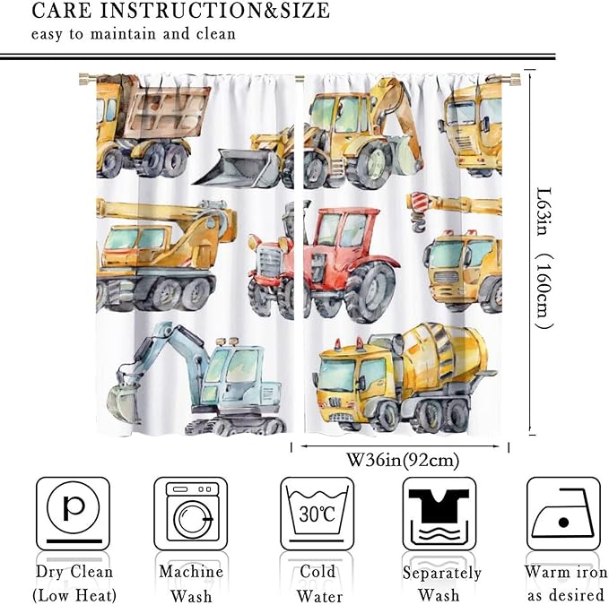 Kids Excavator Curtains, Retro Truck Tractor Machinery Construction Vehicle