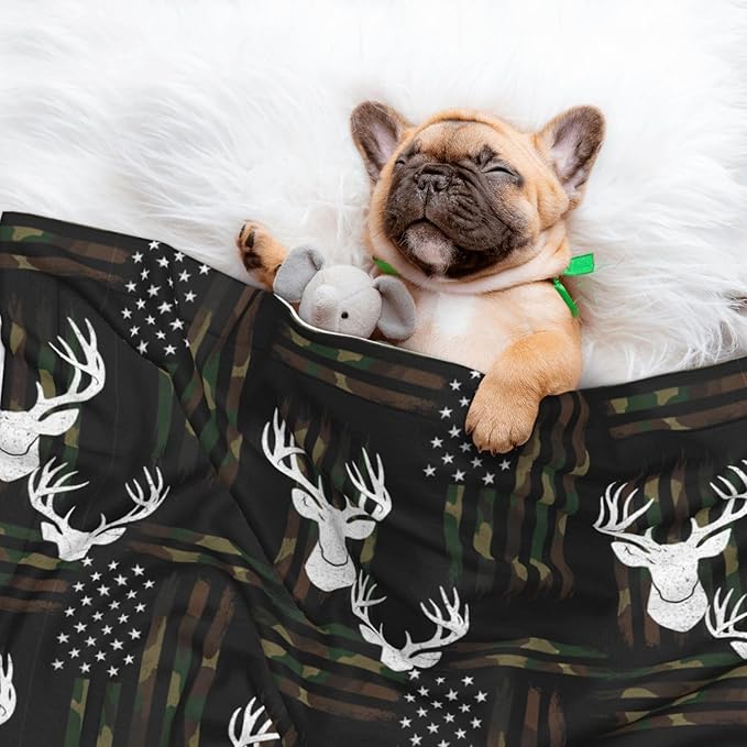 Double Sided Pet Throw for Dogs Who Shed, Deer Camo Camouflage American Flag Hunting Black, Reversible Blanket with Nubby Dot Side Catches Loose Fur for Easier Furniture Cleanup