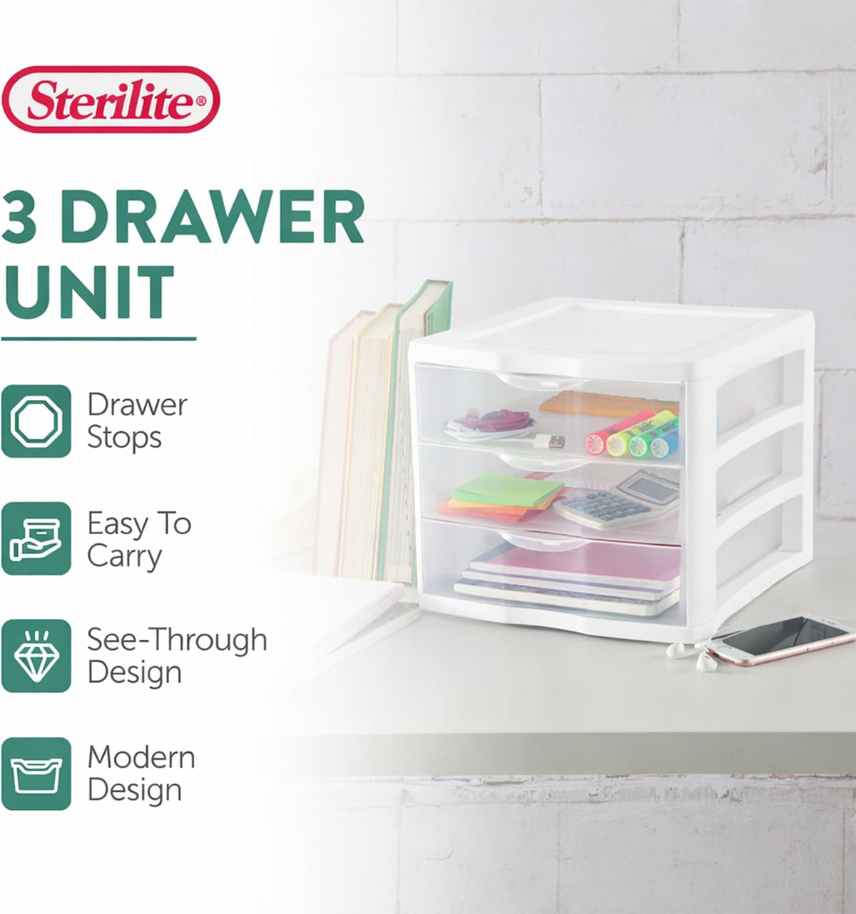Sterilite Clearview Plastic Multipurpose Small 3 Drawer Desktop Storage Organization Unit for Home, Classrooms, or Office Spaces, White, (Pack of 6)