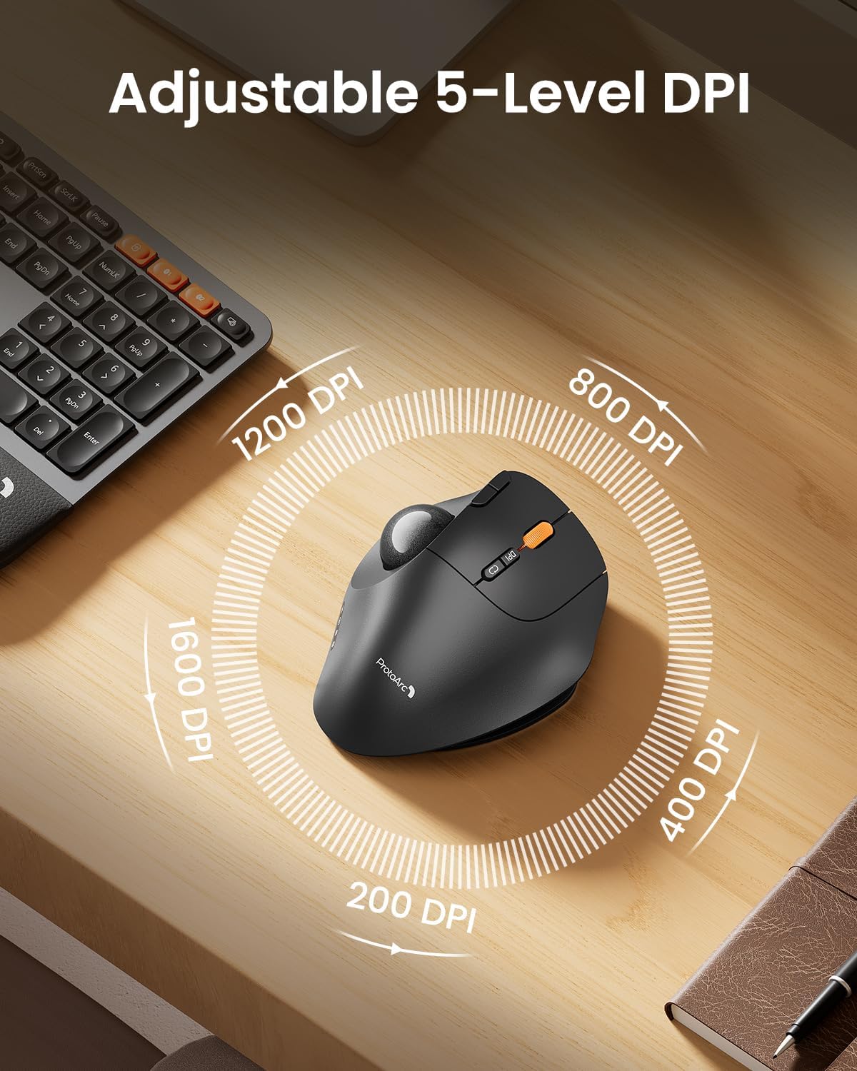 ProtoArc EM02 Wireless Trackball Mouse, 0/15° Adjustable Angle, Gray