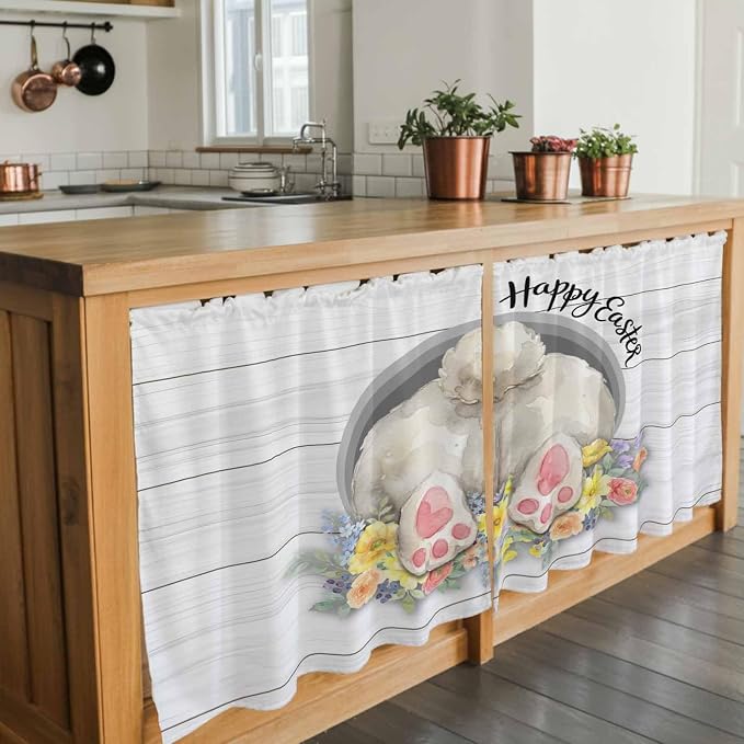 Easter Bunny Kitchen Tier Curtains 24 Inch Long 2 Panel Set, Rod Pocket Cafe