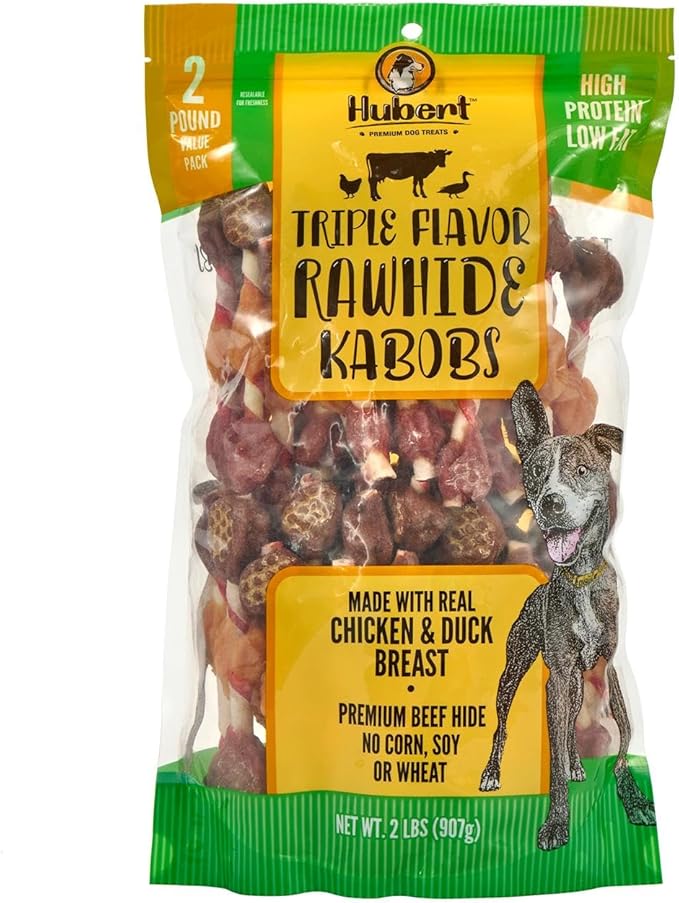 Hubert Pet Triple Flavored Rawhide Kabobs, Chicken, Duck & Pork Hide Dog Chews, All Natural Treats for All Dog Sizes, 2 Pound Resealable Bag