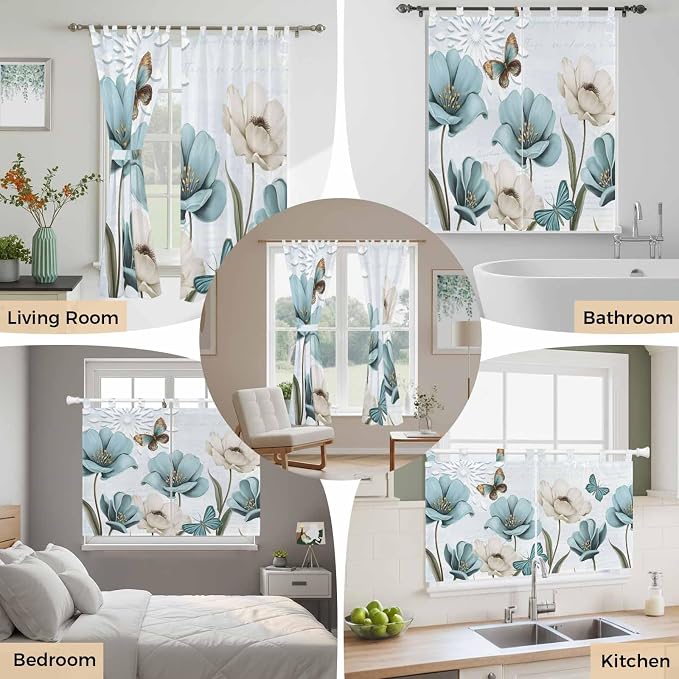 Blue Tulips Living Room Curtains 96 Inch Length, Window Curtains Tab Top