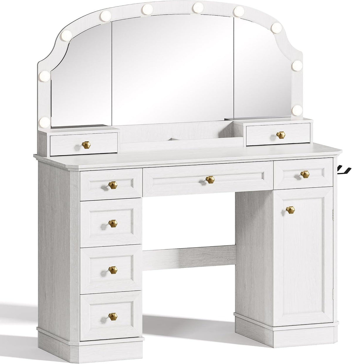 Farmhouse Makeup Vanity Desk with Mirror and Lights, 47'' Vanity Table with 8 Storage Drawers 1 Cabinet & 2 Organizer Trays, Big Dressing Table with Charging for Bedroom Classic White