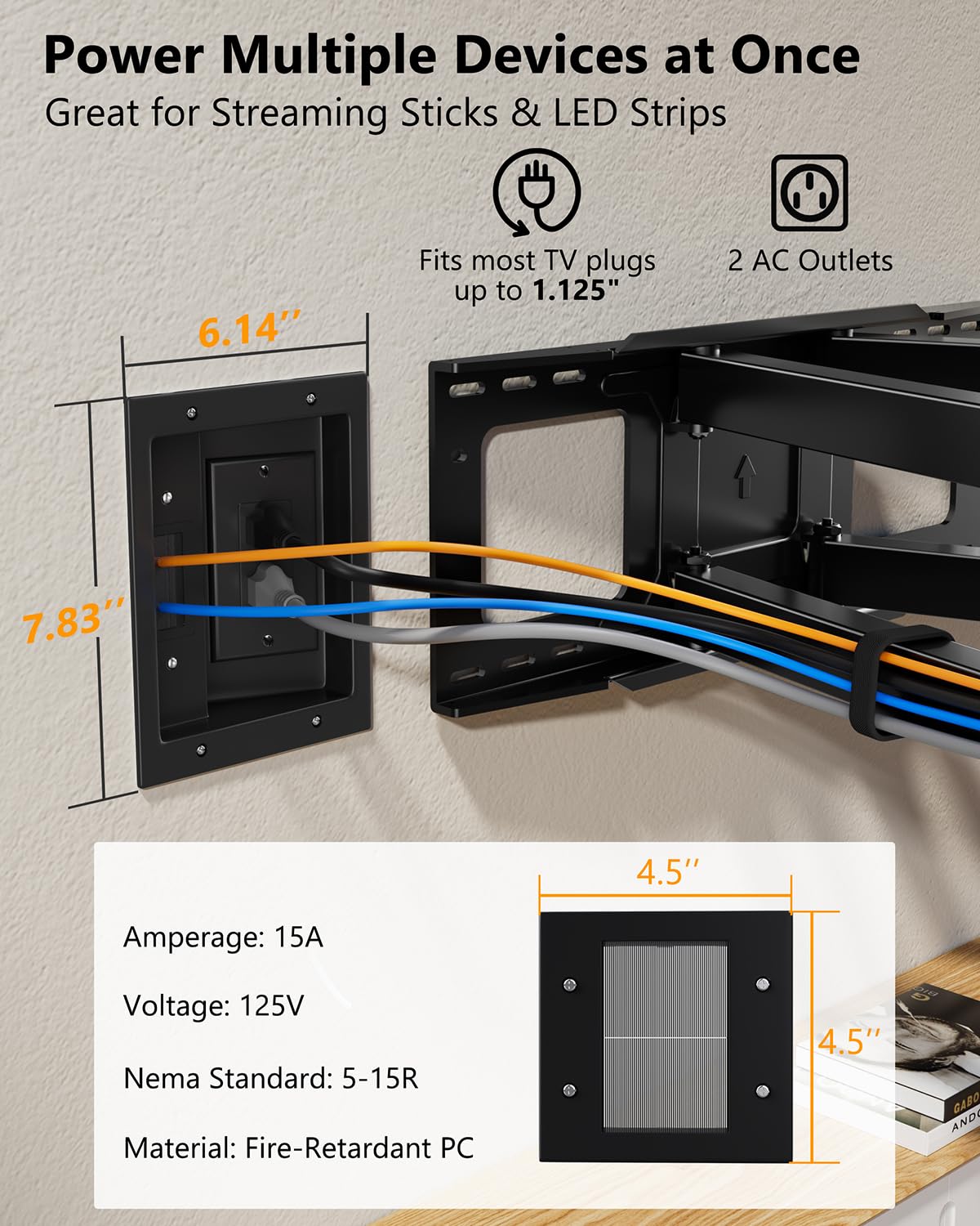 FORGING MOUNT in-Wall Cable Management Kit with Recessed Power Outlet Box,Cord Hider for Wall Mounted TV,Brush Plate,9.3ft Cord,–Easy,Safe Management for Organized TV and Home Theater Setups-Black