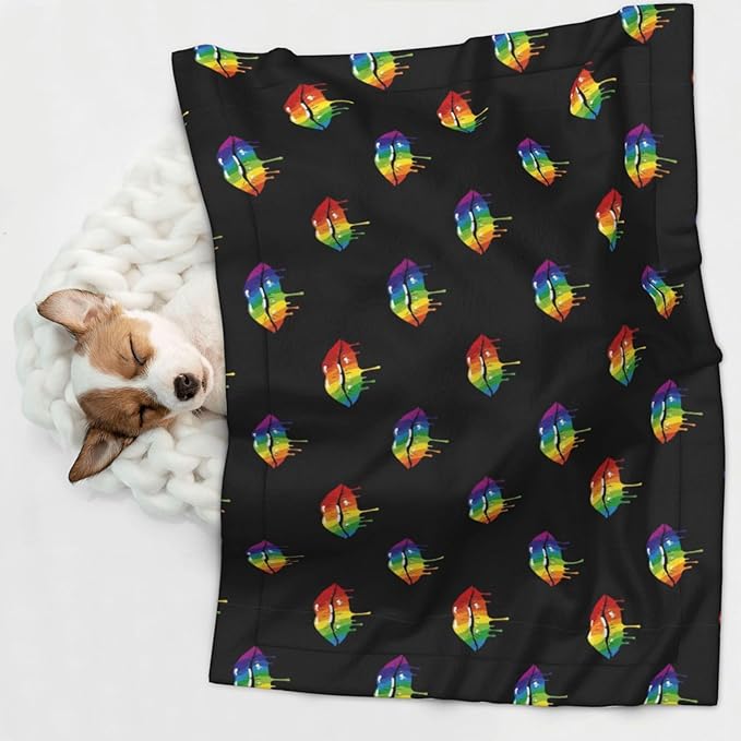 Pet Blanket for Indoor Outdoor Use, LGBT Gay Homosexual Lesbian Rainbow Lips Pride, Two Sided Reversible Plush Mat with Bumpy Dot Texture for Patios Crates Portable Bed Companion
