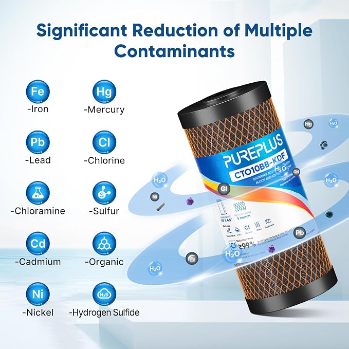 PUREPLUS 5 Micron 10" x 4.5" Whole House Coconut Shell Activated Carbon and KDF