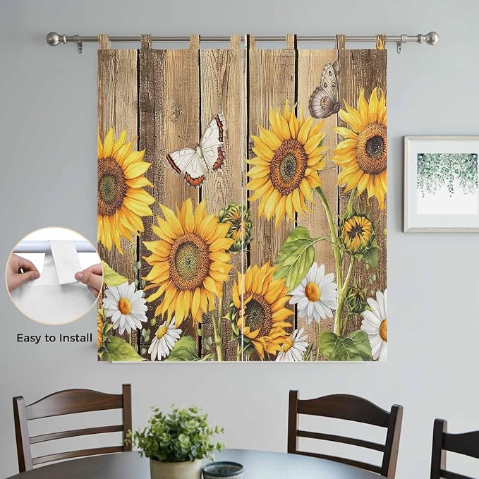 Farmhouse Sunflowers Bedroom Curtains 72 Inch Length, Window Curtains Tab Top