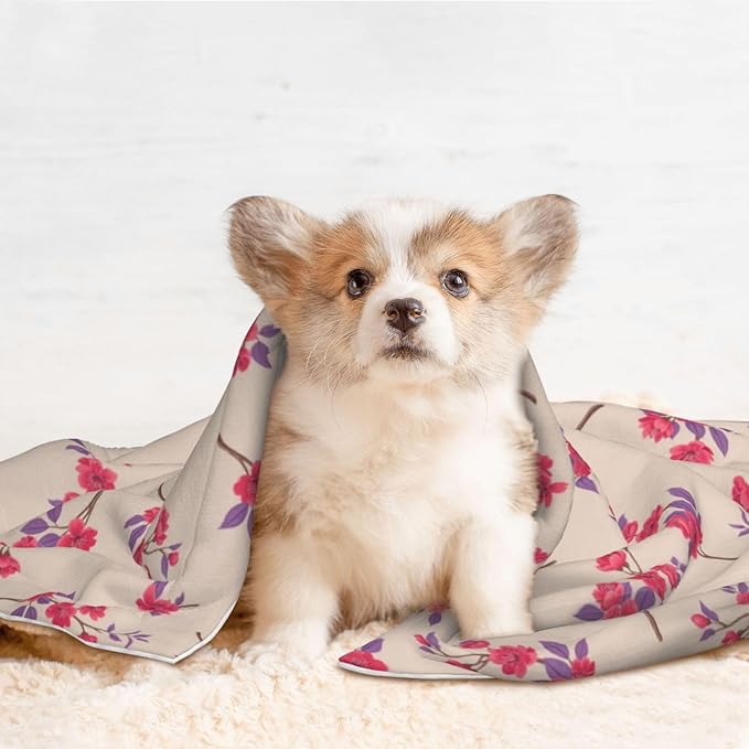 Dog and Cat Blanket in One, Cherry Flower Seamless Flowers Pattern, Double Sided Plush Throw with Raised Dot Pattern on One Side and Flat Velvet on Other for Variety