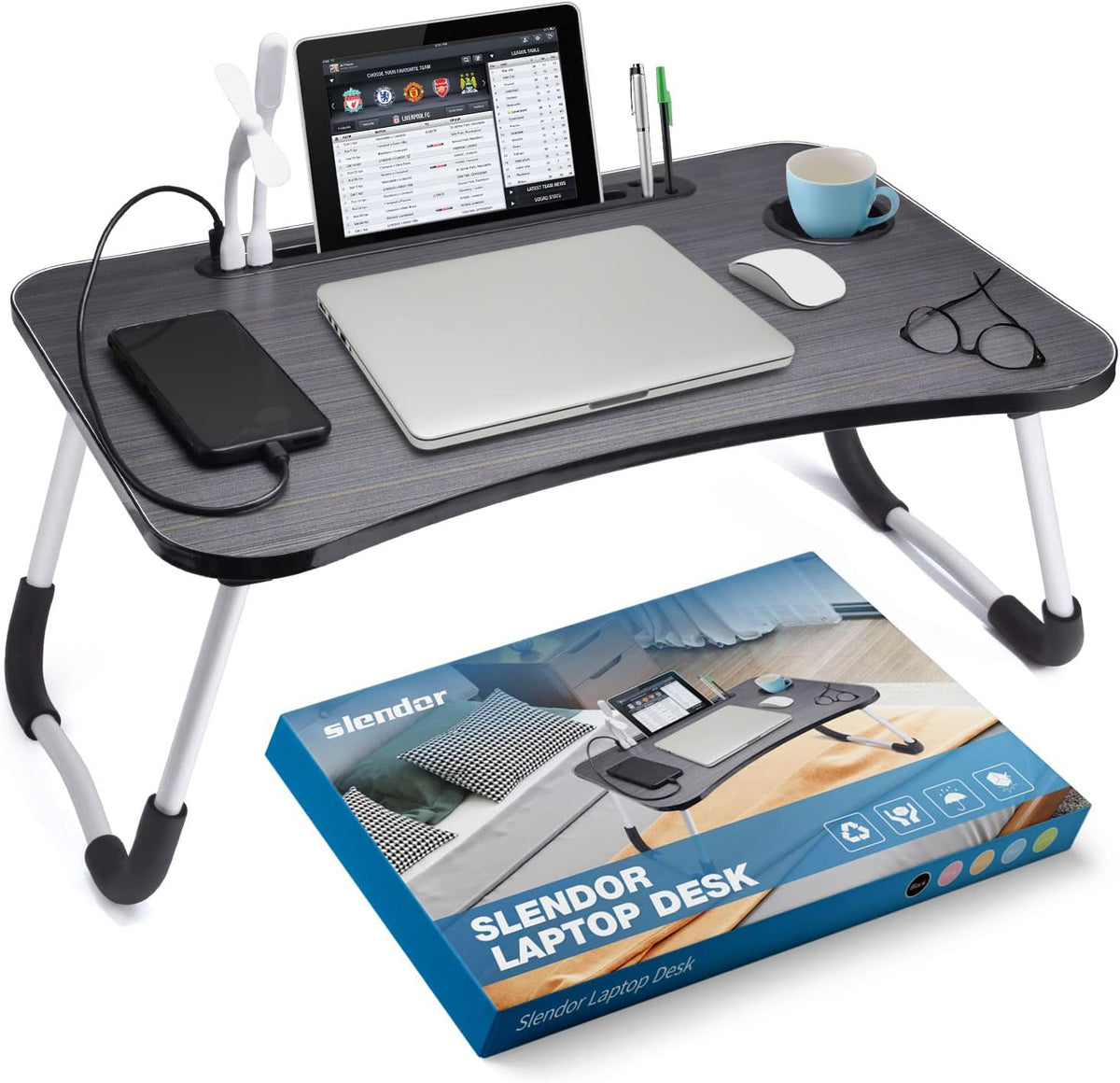 Slendor Foldable Lap Desk with Cup Holder for Bed, Couch, Floor