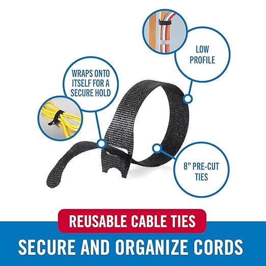VELCRO Brand 150pk Cable Ties Value Pack, 8in | Stocking Stuffer Gifts for Tech Lovers | For Wire Management and Cord Organizer | Replace Zip Ties with Reusable Straps, Reduce Waste