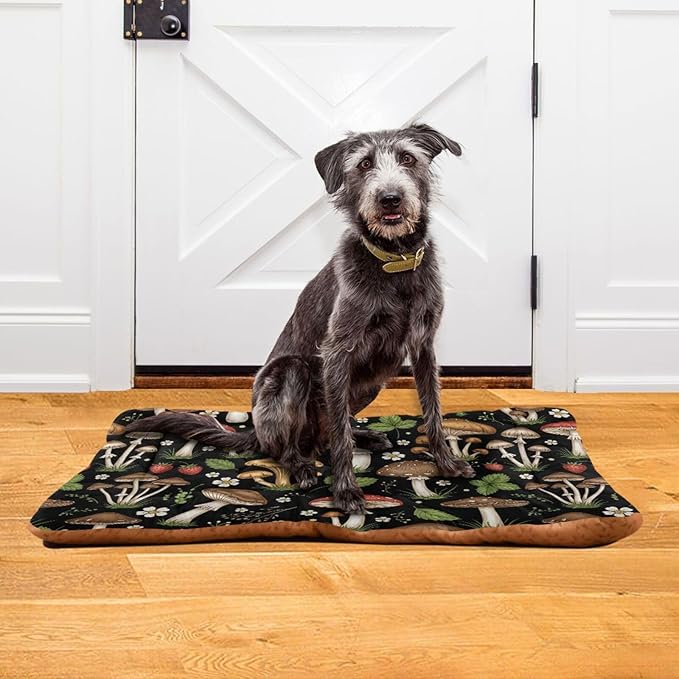 Emelivor Mushrooms Black Dog Cat Bed Washable Crate Pet Bed Anti-Slip Comfortable Puppy Kennel Bed for Indoor Small Medium Large Dogs, 24x18in