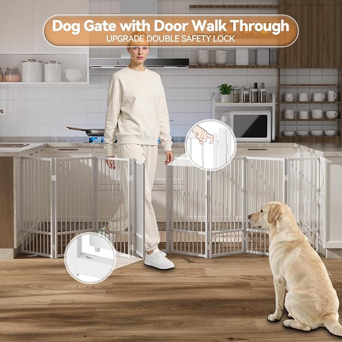 Full Metal Freestanding Dog Gate with Door, 36''Height Foldable Pet Dog Fence for Indoor & Outdoor, 8 Panels Extra Wide Free Standing TallDog Gates for Doorways,House,Stairs,Porch,Deck,Yard
