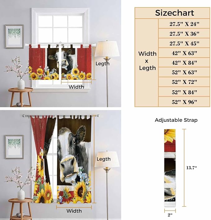 Cows Sunflowers Living Room Curtains 84 Inch Length, Window Curtains Tab Top