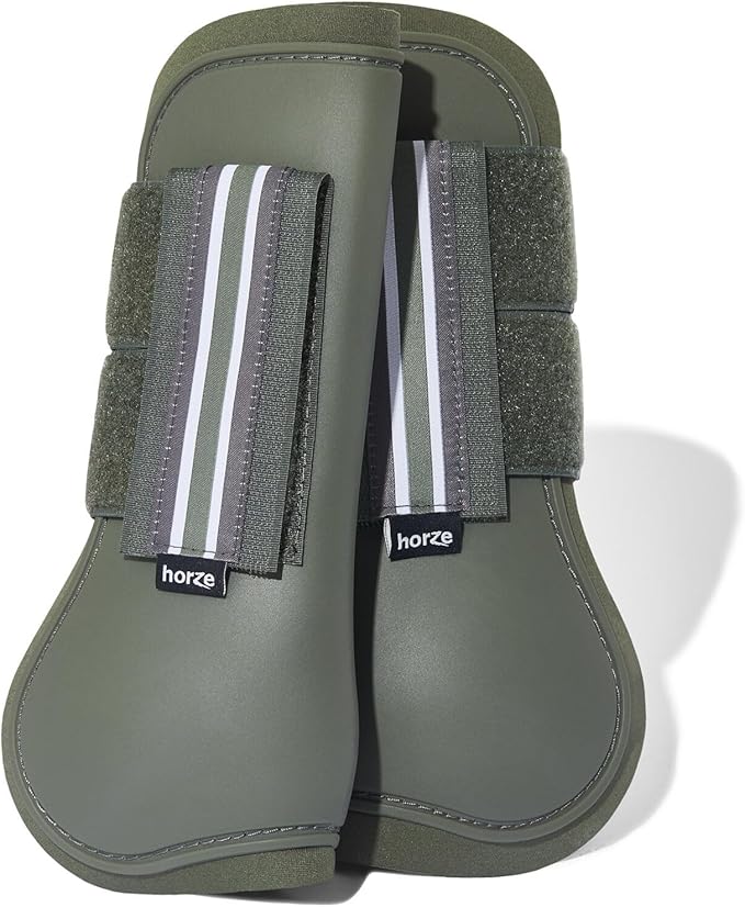HORZE Adepto Open Front Tendon Boots | Durable Shell with Neoprene Lining - Beetle Khaki Green - Warmblood