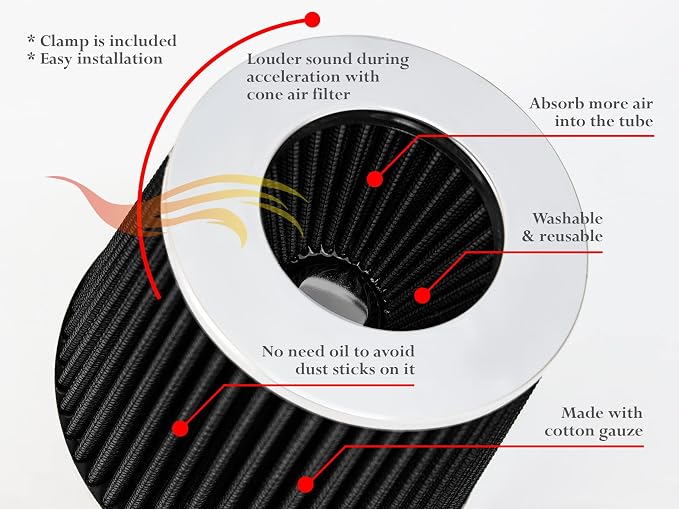 BLACK 2.5" 63.5 mm Inlet Cold Air Cone Replacement Performance Washable