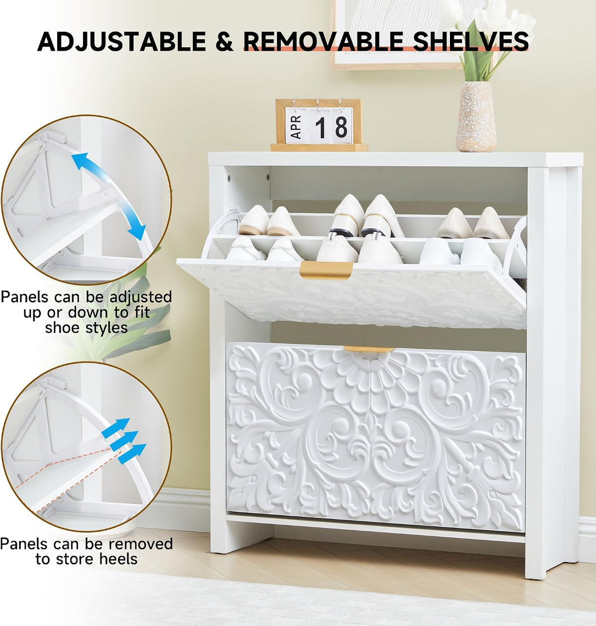 weselon Shoe Cabinet with Flip Drawers, Narrow Shoe Storage Cabinet, 2-Tier Hidden Shoe Organizer with Floral Embossed for Entryway, Mid-Century Modern Slim Shoes Storage for Hallway Foyer (1, White)