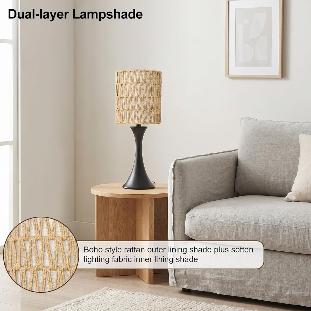 Rattan Table Lamp, 3 Way Touch Control Bedside Lamp with Dual-Layer Shade