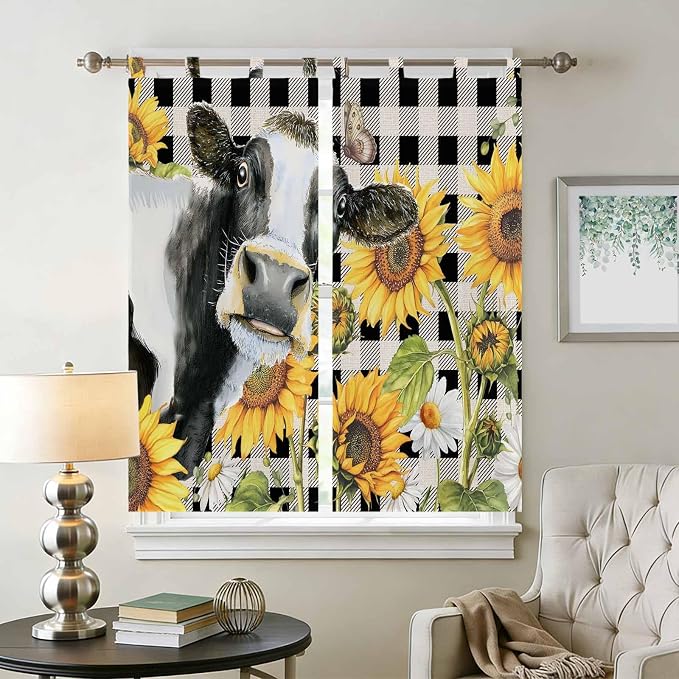 Retro Sunflowers Bathroom Curtains 63 Inch Length, Window Curtains Tab Top