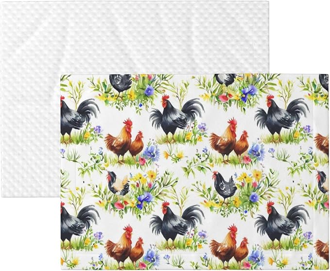 Reversible Dog Blanket for Beds Couches, Rooster Chicken Watercolor Flowers, Double Sided Cat Blanket with Textured Dot Feel and Smooth Feel for Seasonal Comfort All Year
