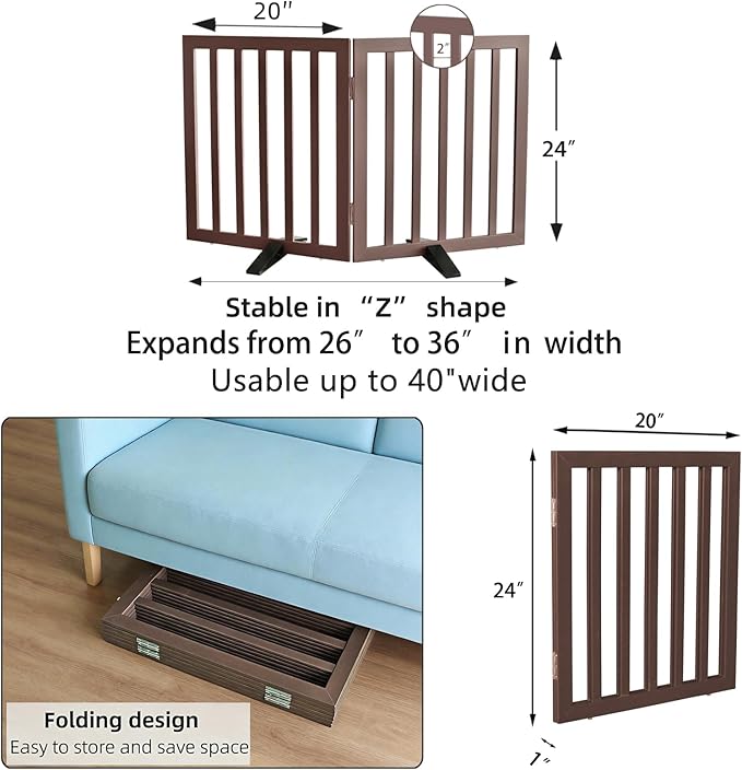 Dog Gate Indoor, Freestanding Dog Fence for The House, Doorways, Hallways,or Stairs,Pet Gate Foldable Wooden,Expandable 24" Height 2 Panels,Brown