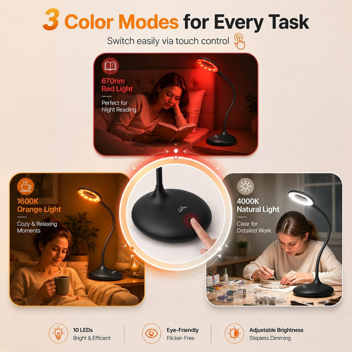 670nm Red Light Therapy Desk Lamp for Reading Sleep in Bedroom Dorm