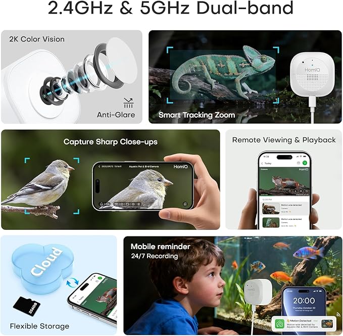 Aquarium 3MP Terrarium AI Monitoring Camera Close-up Details, 2.4G&5Ghz WiFi Starlight Color Vision for Reptile Pets, Anti-Glare& NO Reflect with 24/7 Events Recording in Easy Magnetic Install