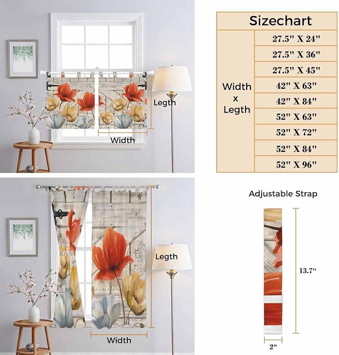 Retro Floral Living Room Curtains 84 Inch Length, Window Curtains Tab Top