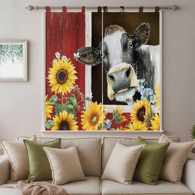Cows Sunflowers Bedroom Curtains 72 Inch Length, Window Curtains Tab Top