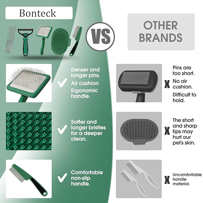 Dog Slicker Brush for Dogs Grooming Kit 4PCS | Large Dog Brush for Goldendoodles Poodles Doodles | Long Pin Haired Brush | Poodle Brushes and Comb (Green)