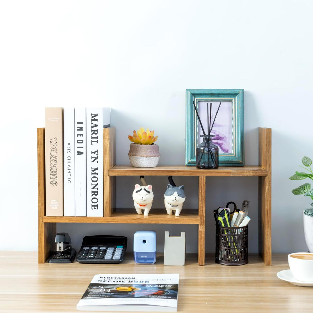 MyGift Premium Acacia Solid Wood Adjustable Desktop Book Shelf with Fluted Side Panels, Wooden Desk Storage Home Office Supplies Organizer, 2 Piece Shelves