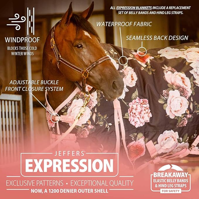 Jeffers Expression 1200 Denier Standard Neck Turnout Blanket, Rose Garden, 69" - Waterproof, Breathable Horse Blanket with 0g Polyfill, No insulation - Ideal Protection for Wind and Rain, Light Weight