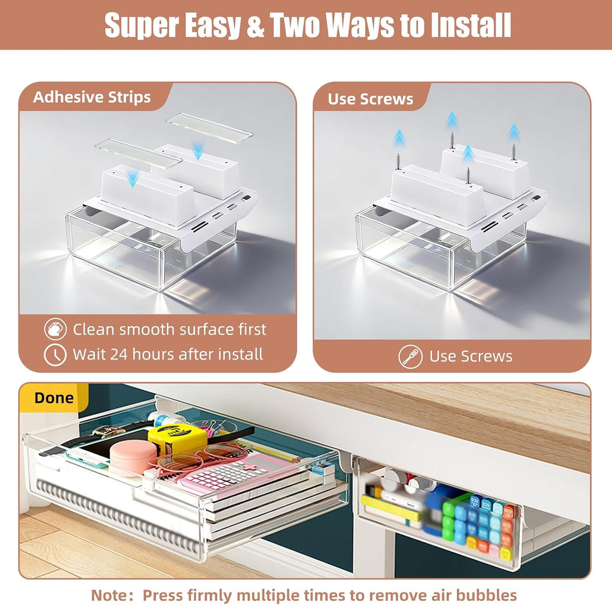 TooCust 2-Pack Under Desk Drawer for Desk with Frame & Beam, Fits Where Standard Drawers Can't, 52mm Heightened Slide Out Organizer, Dual Adhesive or Screw Mount, Clear PET Under Table Storage