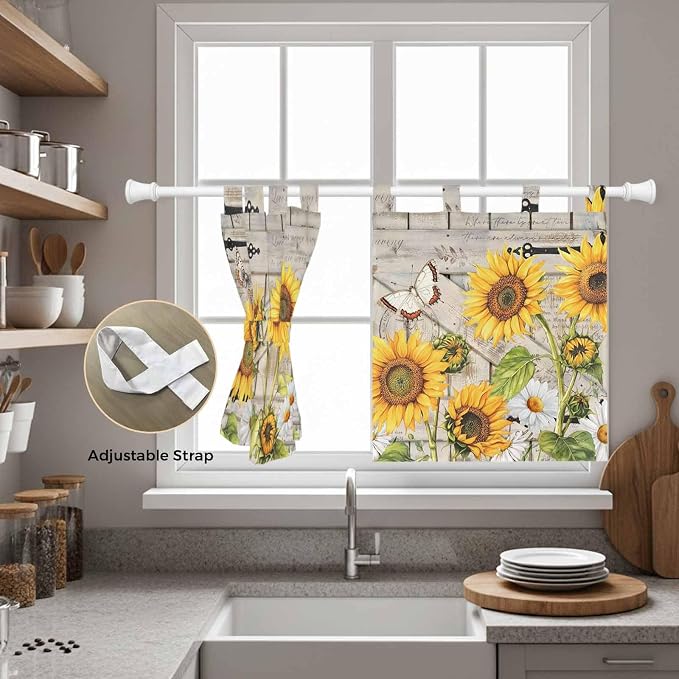 Farm Flowers Kitchen Curtains 24 Inch Length, Small Window Curtains Tab Top