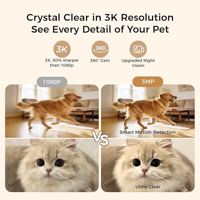 3K Pet Camera Treat Dispenser, 32ft Remote Tossing for Dogs & Cats – Reduces Separation Anxiety, 360° View, Security Indoor Cam w/Phone App, Barking Alerts, No Subscription, 2.4&5G WiFi