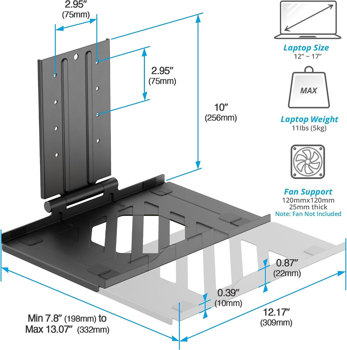 AVLT Adjustable Laptop Tray with Support for Fans Black (Fan Not Included)