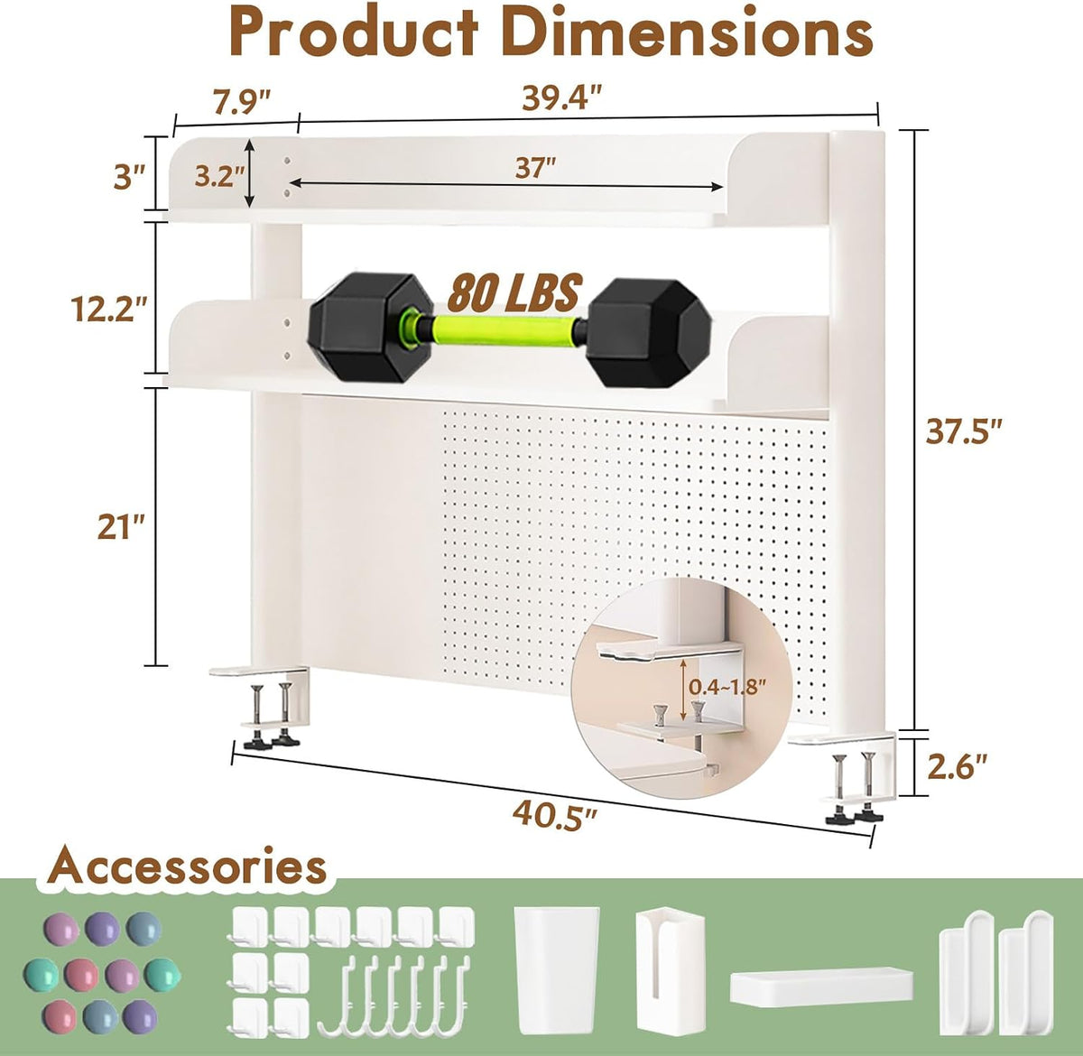 Clamp On Desk Shelf Organizer with Pegboard Desk Hutch Dorm with Storage Bookshelf Desk Top Organizer Shelf Multi-Purpose White & Black Desktop Shelves & Office Shelves(White, W - 39.4")