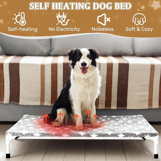 Large Self Warming Dog Bed Pad for Elevated Dog Bed Replacement Self Heating Warm Raised Cot Pad Mat with Corner Strap Removable Washable Soft Plush Cover Non-Slip Bottom Star(51 x 32 Inches)