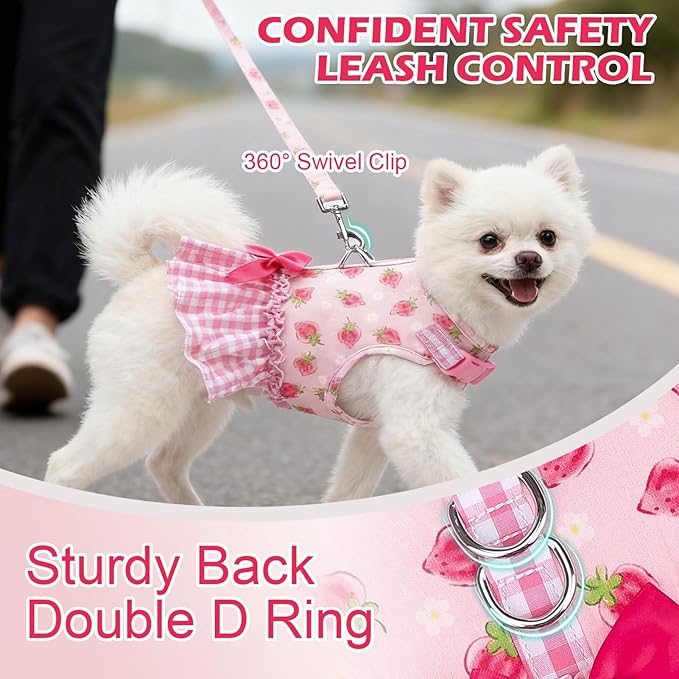 EXPAWLORER Dog Harness Small Medium Sized Dogs, Plaid Dog Dress Bowknot Harness and Leash Set, No Choke No Pull Soft Mesh Vest Cute Princess Puppy Outfits Clothes Costume for Girls Party Cats Pink M