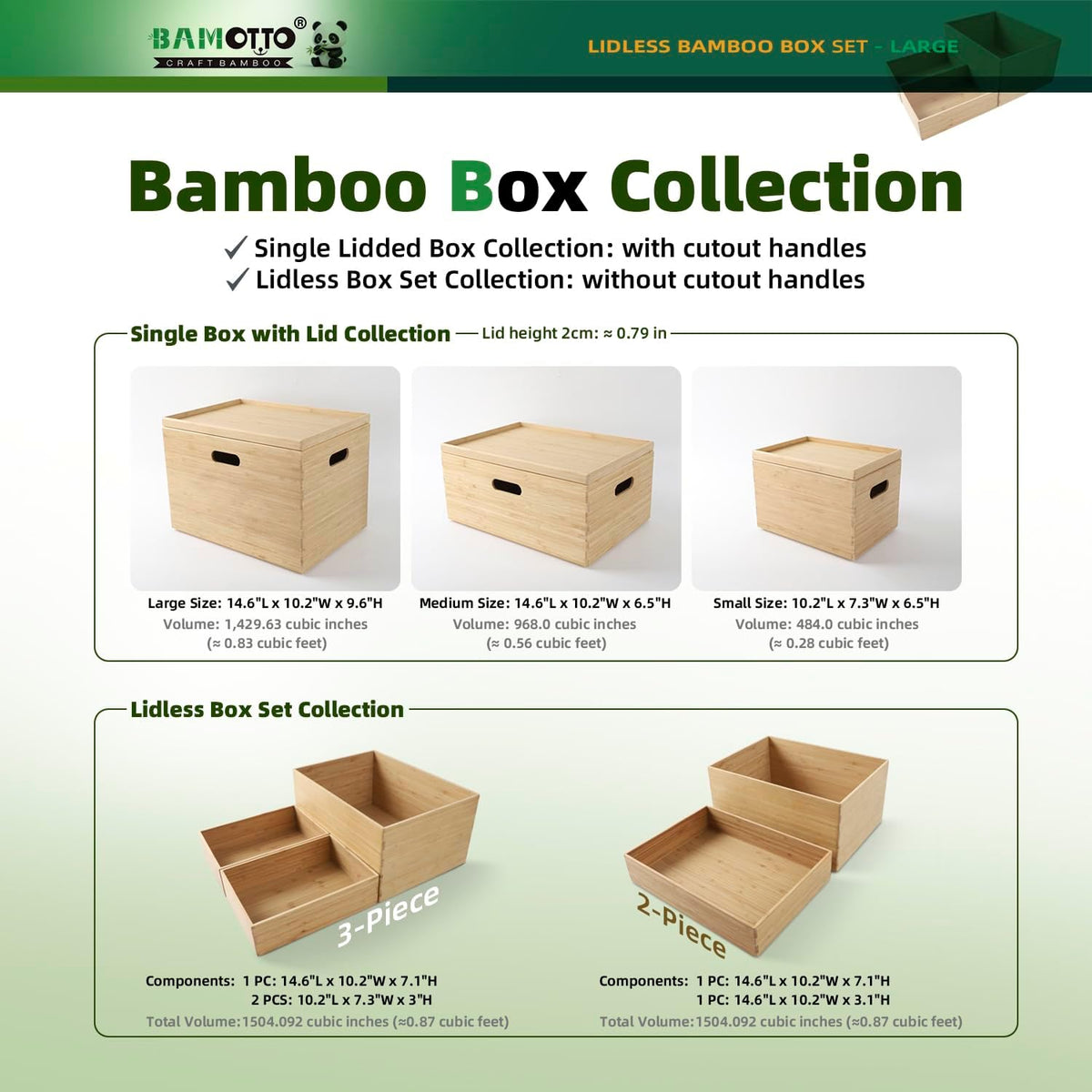 BAMOTTO CRAFTBAMBOO 3-Piece Bamboo Storage Box Set Stackable Organizer