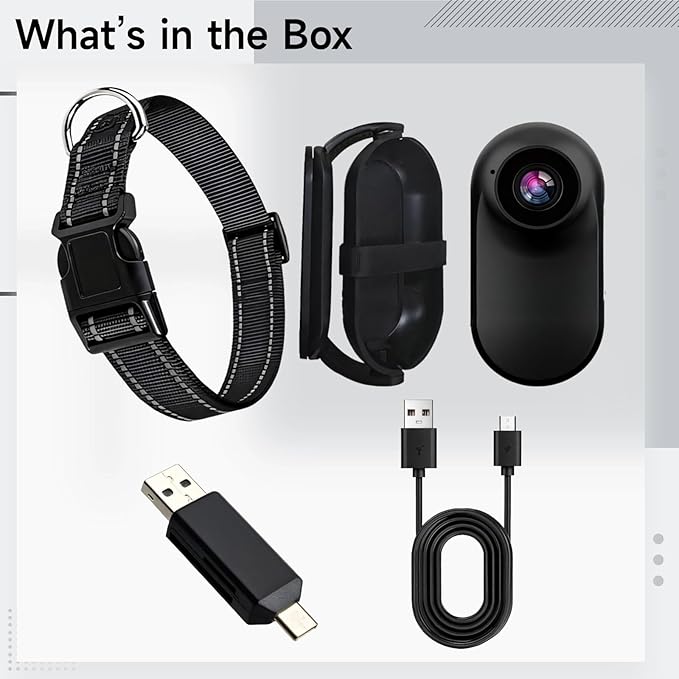 HD Pet Body Camera for Cats & Dogs, Mini 360° Collar Camera for Indoor/Outdoor, Adjustable Mount with OTG Adapter & USB Cable